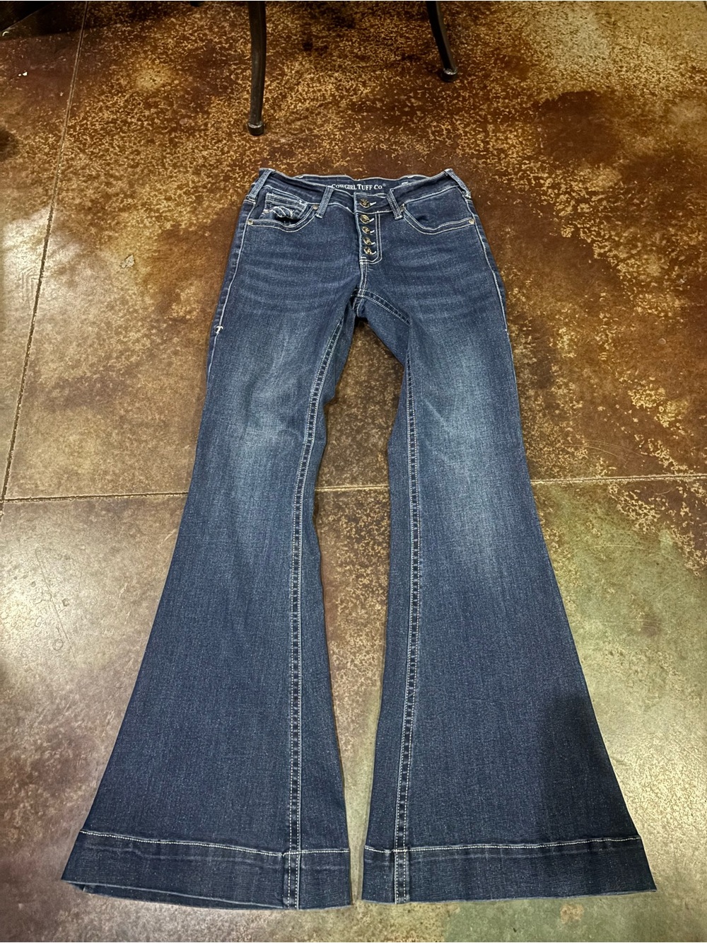 Cowgirl Tuff Dark Blue Flare Jeans with Button Fly